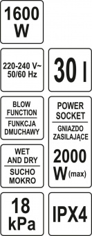 YATO Порохотяг промисловий мережевий YATO: 1600Вт, збірна ємність- 30л, з ручним струшуванням фільтр