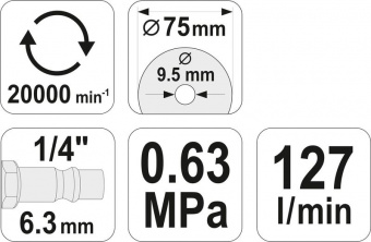 YATO Різак пневматичний, ручний YATO для диска Ø= 75/9.5 мм, Ø= 1/4", 6.3 Bar, 127 л/хв  | YT-09715