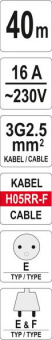 YATO Подовжувач мережевий YATO на котушці : L= 40 м. 3-жильний Ø=2,5 мм²  | YT-8107
