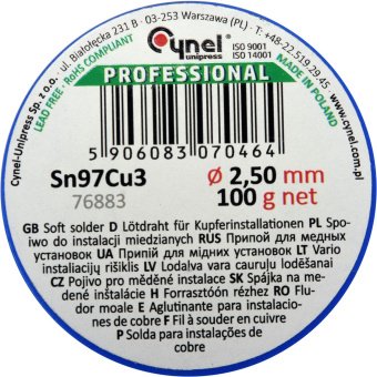 VOREL Припій для паяння міді CYNEL : Ø 2.5 мм, дротяний на котушці m= 100 г  | 76883