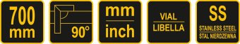 VOREL Кутник з рівнем : L= 700 мм/26.5", метрична і дюймова шкали, алюміній + сталь  | 18382